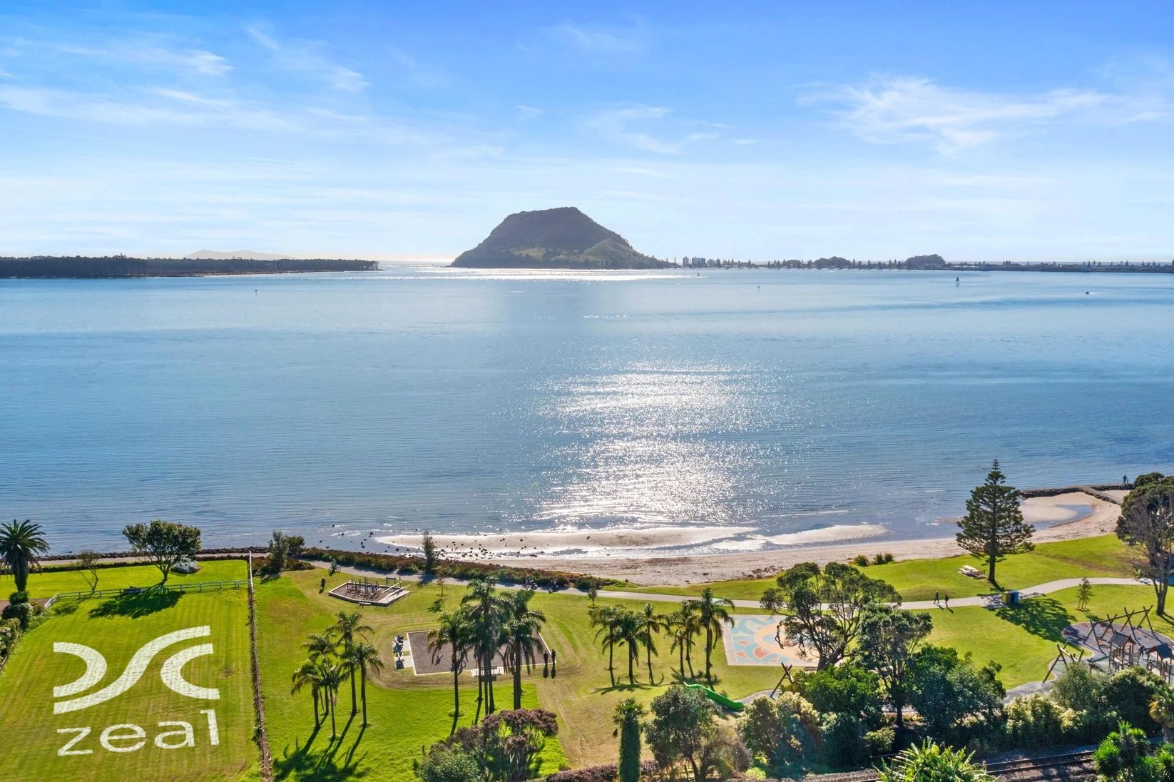 Zeal logo mown into the grass with Mauao across the harbour
